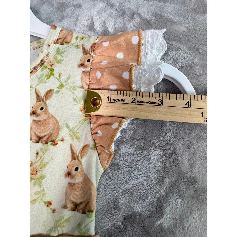 Bunny Print Dress Peach Polka Dot Ruffle Sleeve Easter Spring Kids 4T‎
